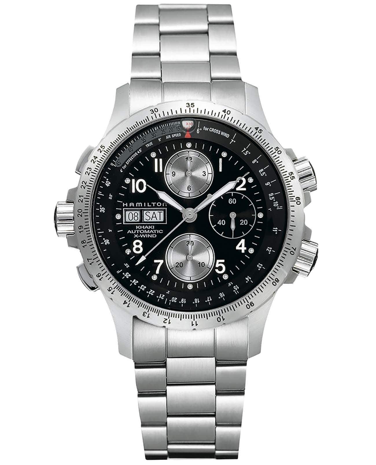 Hamilton Hamilton Khaki Aviation X Wind Auto Chrono H77616133  H77616133 механические мужские часы черный циферблат, браслет нержавеющая сталь — вид спереди
