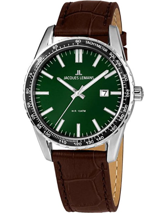 Jacques Lemans Jacques Lemans 1-2022F  1-2022F кварцевые мужские часы зеленый циферблат, браслет кожаный — вид спереди