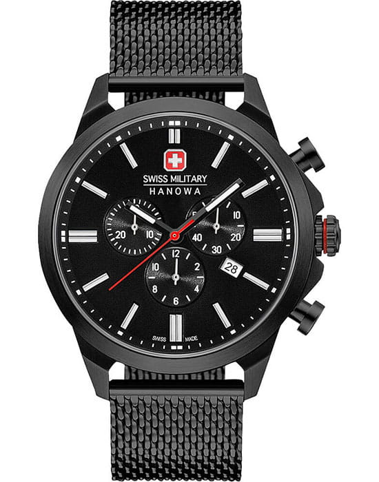 Swiss Military Hanowa Swiss Military Hanowa 06-3332.13.007  06-3332.13.007 кварцевые мужские часы черный циферблат, браслет сталь с ip покрытием — вид спереди