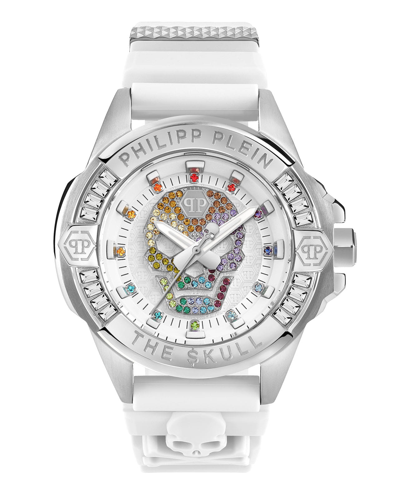 Philipp Plein Philipp Plein The Skull PWNAA1023  PWNAA1023 кварцевые женские часы белый циферблат, браслет силикон — вид спереди