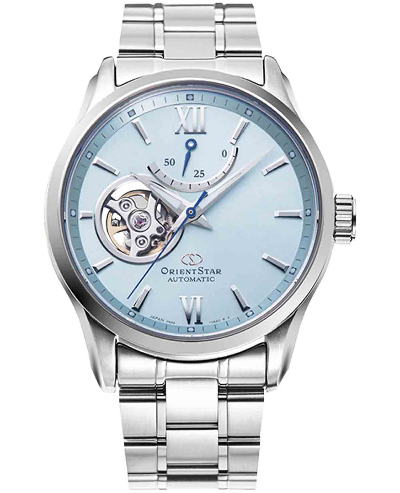 Orient Orient Star RE-AT0019L (RK-AT0019L)  RE-AT0019L механические мужские часы голубой циферблат, браслет нержавеющая сталь — вид спереди
