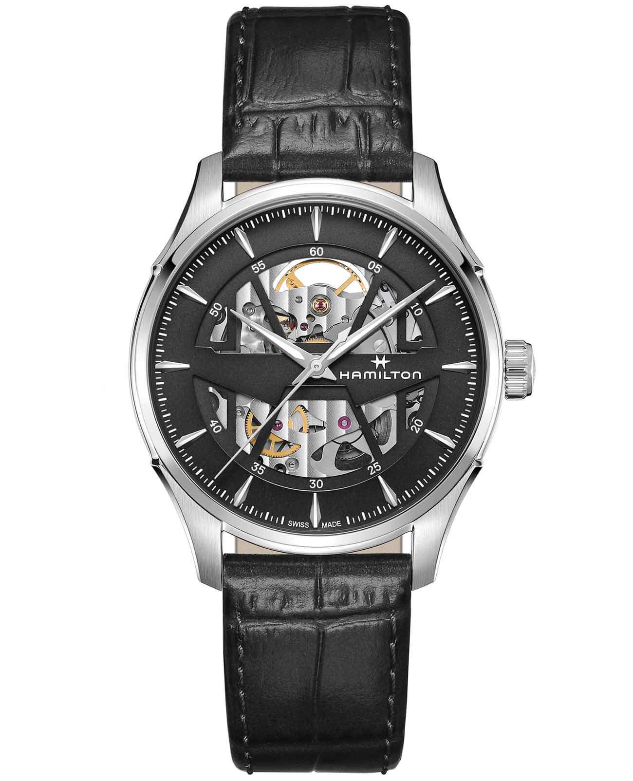 Hamilton Hamilton Jazzmaster Skeleton Auto H42535780  H42535780 механические мужские часы черный циферблат, браслет кожаный — вид спереди