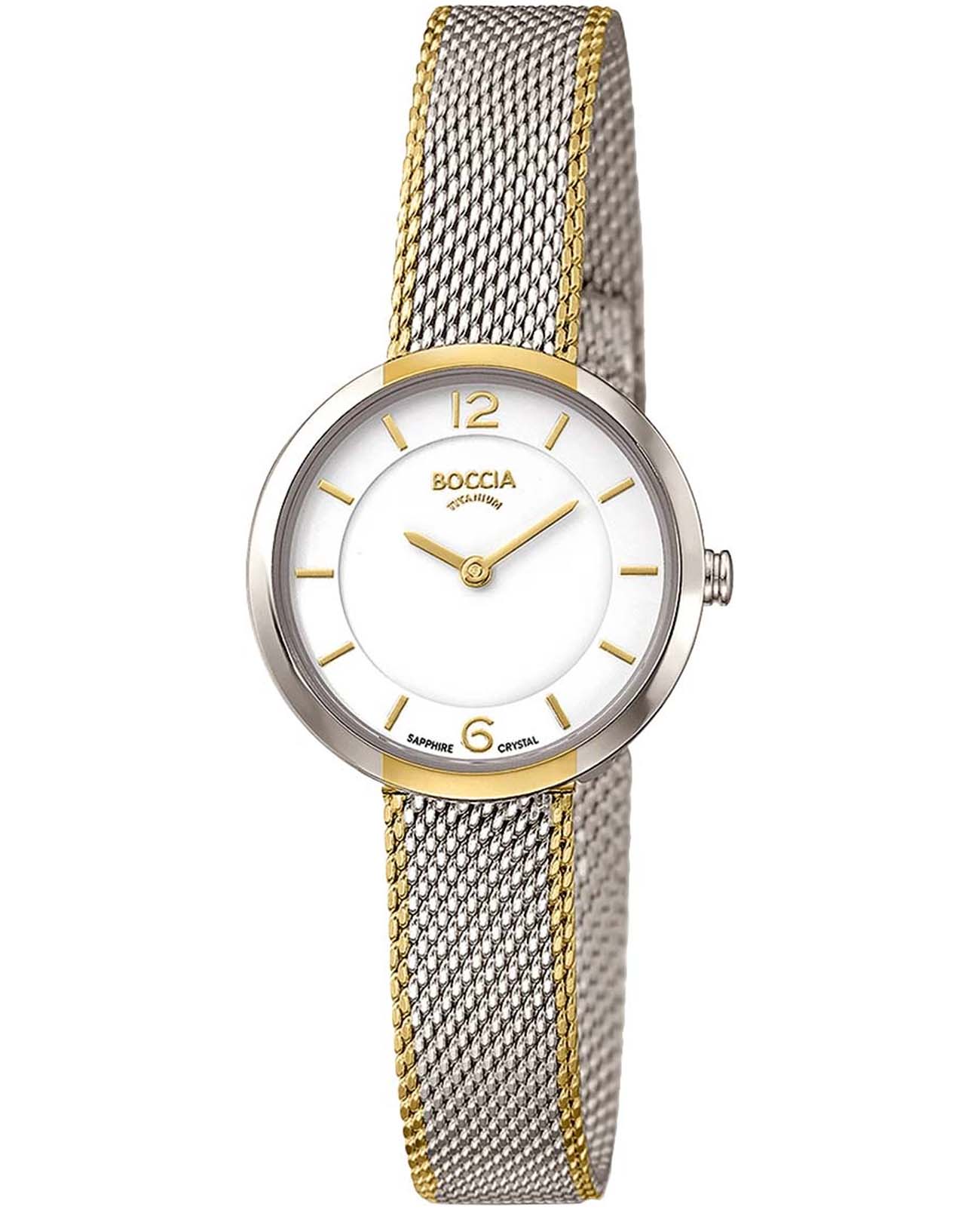 Boccia Titanium Boccia Titanium 3266-06  3266-06 кварцевые женские часы белый циферблат, браслет нержавеющая сталь с pvd-покрытием — вид спереди