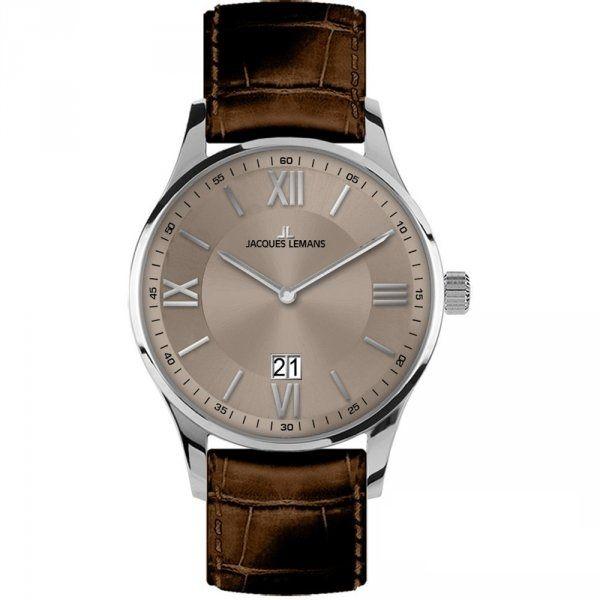 Jacques Lemans Jacques Lemans 1-1845D  1-1845D автокварц (кинетик) мужские часы коричневый циферблат, браслет кожаный — вид спереди