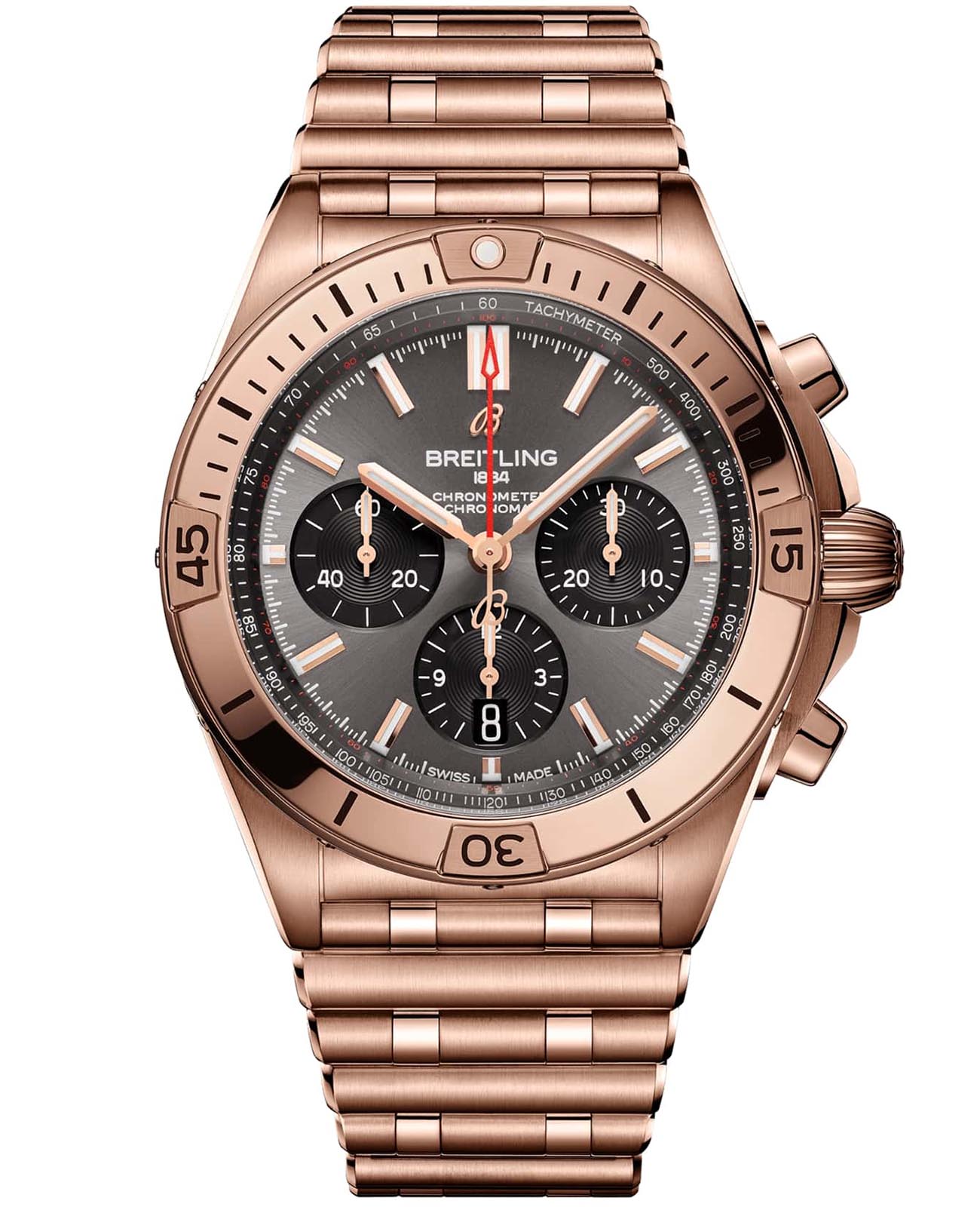 Breitling Breitling Chronomat B01 42 RB0134101B1R1  RB0134101B1R1 механические мужские часы черный циферблат, браслет 18-каратное красное золото — вид спереди